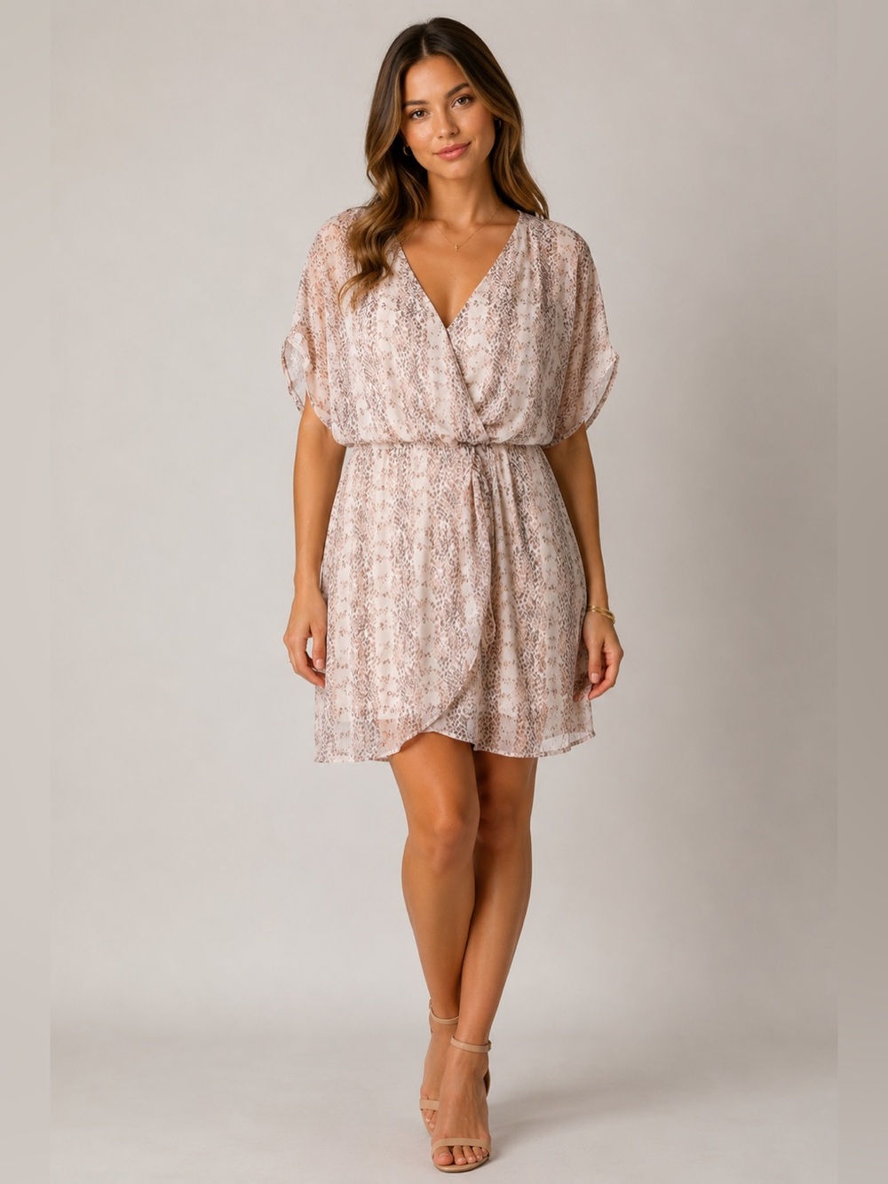 All in Favor Isabella Snakeskin Wrap Flounce Hem Mini Dress
